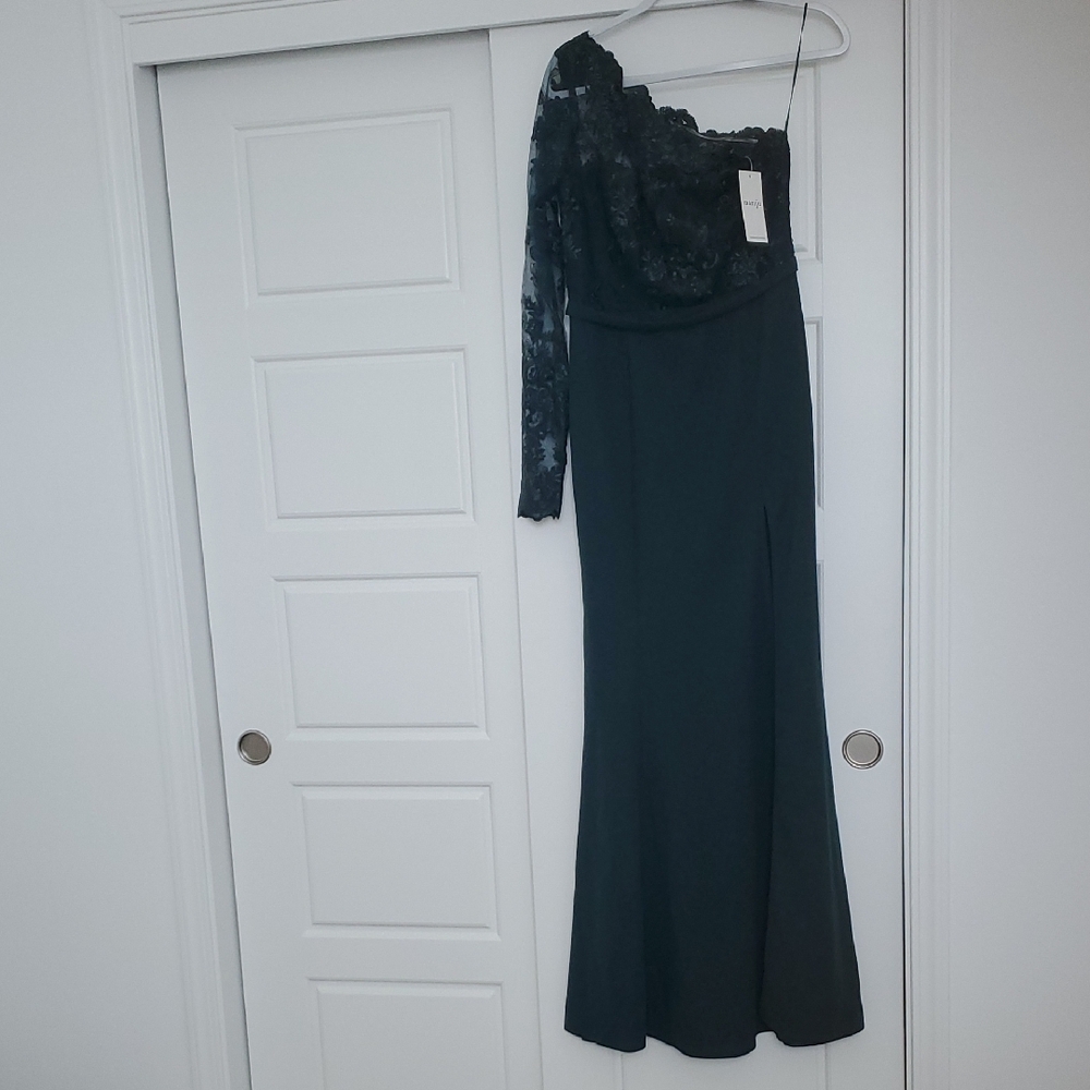 Elegant DARK GREEN Lace One-Shoulder Dress